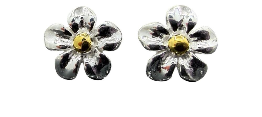 Daisy Stud Earrings 925 Sterling Silver Small Flowers Brass Accents